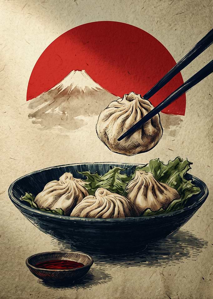 Chopsticks Holding Dumpling Japanese Food Mount Fuji Vintage Ink Sketch Art