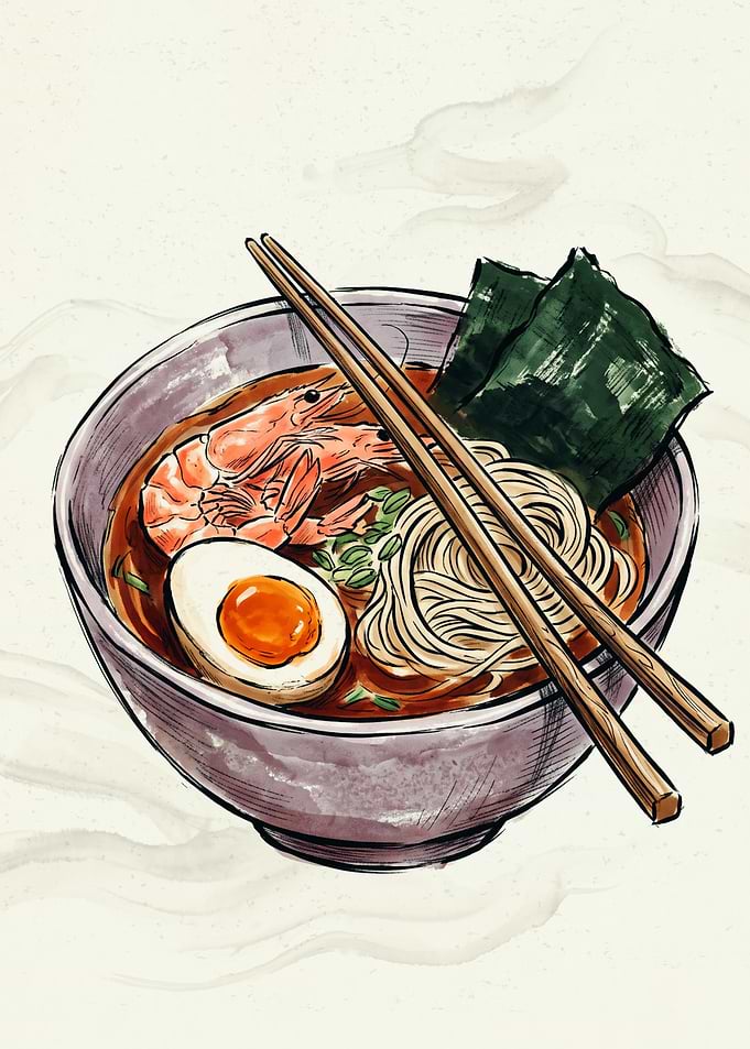 Shrimp Ramen Bowl Japanese Food Art Pencil Sketch