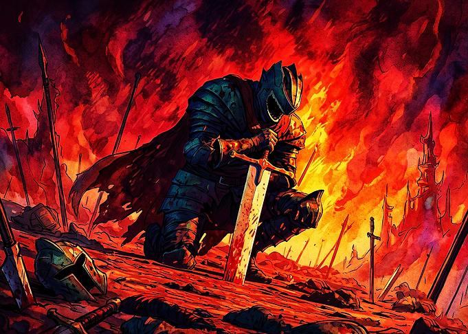 Knight Sword Fire Dark Fantasy Art
