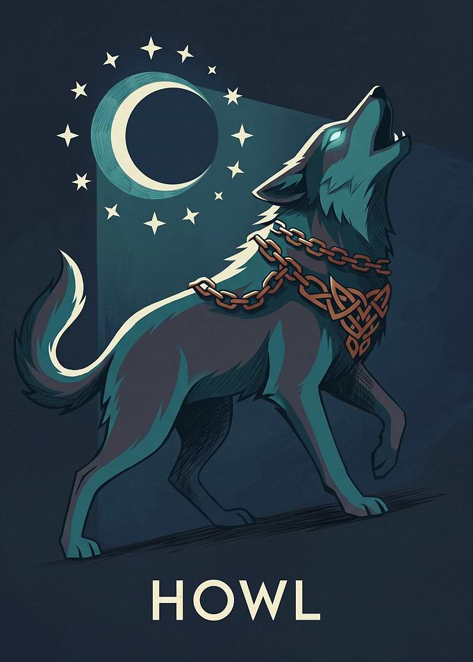 Chained Wolf Howling At The Moon Wolf And Norse Mythology Graphic Art Style