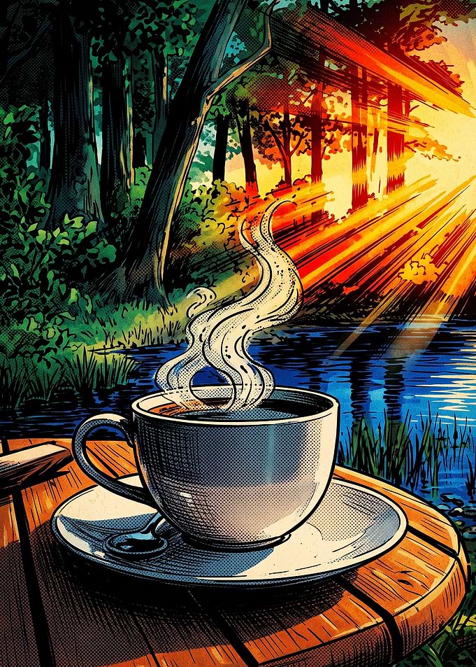 Coffee Cup Forest Sunrise Art
