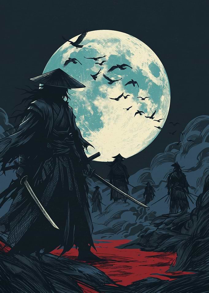 Ronin Moon Samurai Japanese Warrior Graphic Art Print