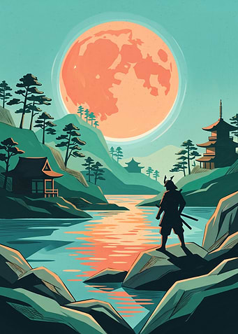 Samurai Red Moon Japanese Landscape Vector Illustration Art Print