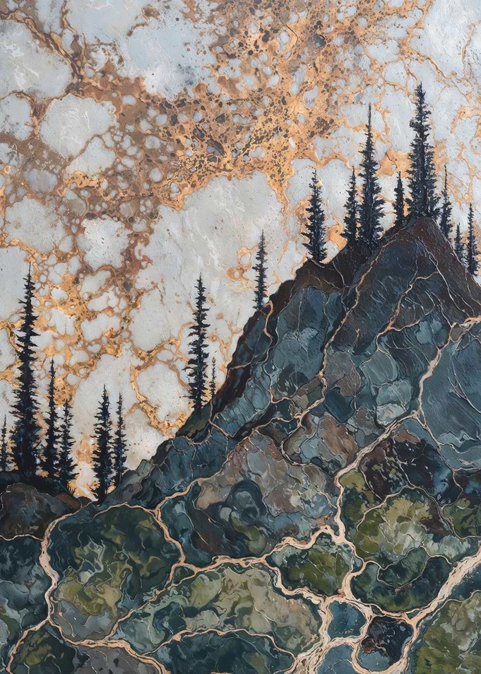 Marbled Mountain Pines Beneath Golden Cracked Sky