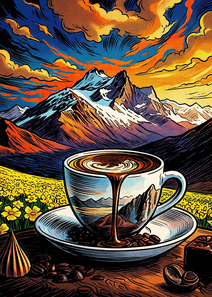 Coffee Mountain Sunset Retro Poster