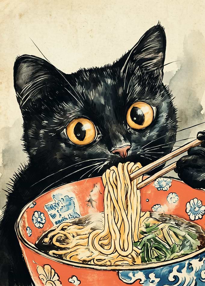 Black Cat Eating Ramen Noodles Cats Japanese Ukiyo E Art Style