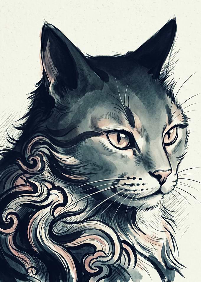 Graceful Feline Portrait Cats Japanese Ink Wash Painting Art