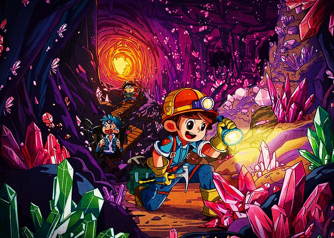 Cartoon Explorers in Crystal Cave