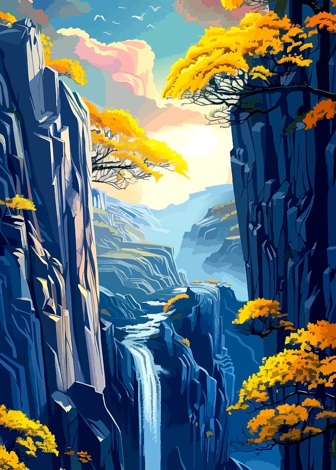 Golden Autumn Waterfall Mountain Landscape