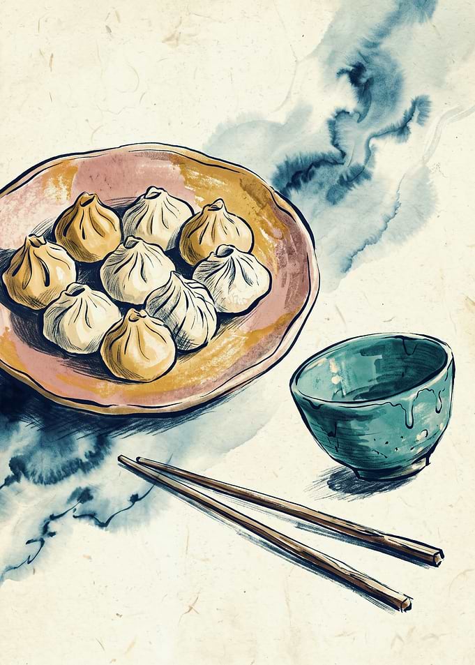 Steamed Dumplings Food Art Print Watercolor Asian Cuisine Style