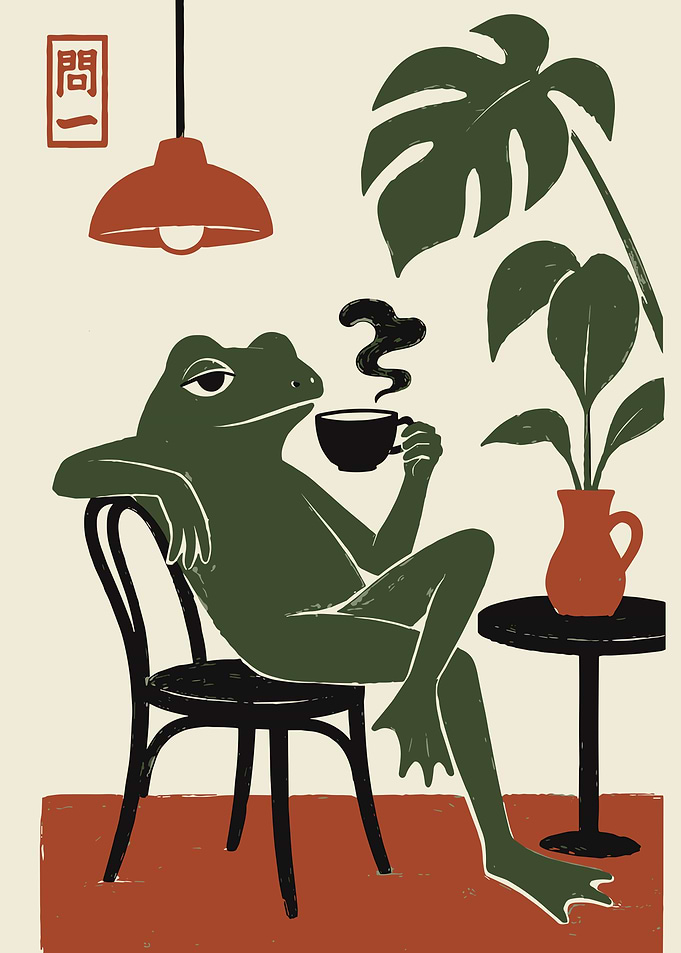 Relaxed Frog Drinking Coffee Illustration