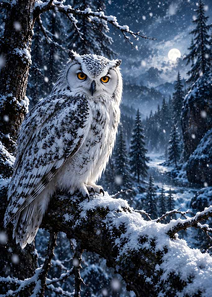 Snowy Owl in Winter Forest