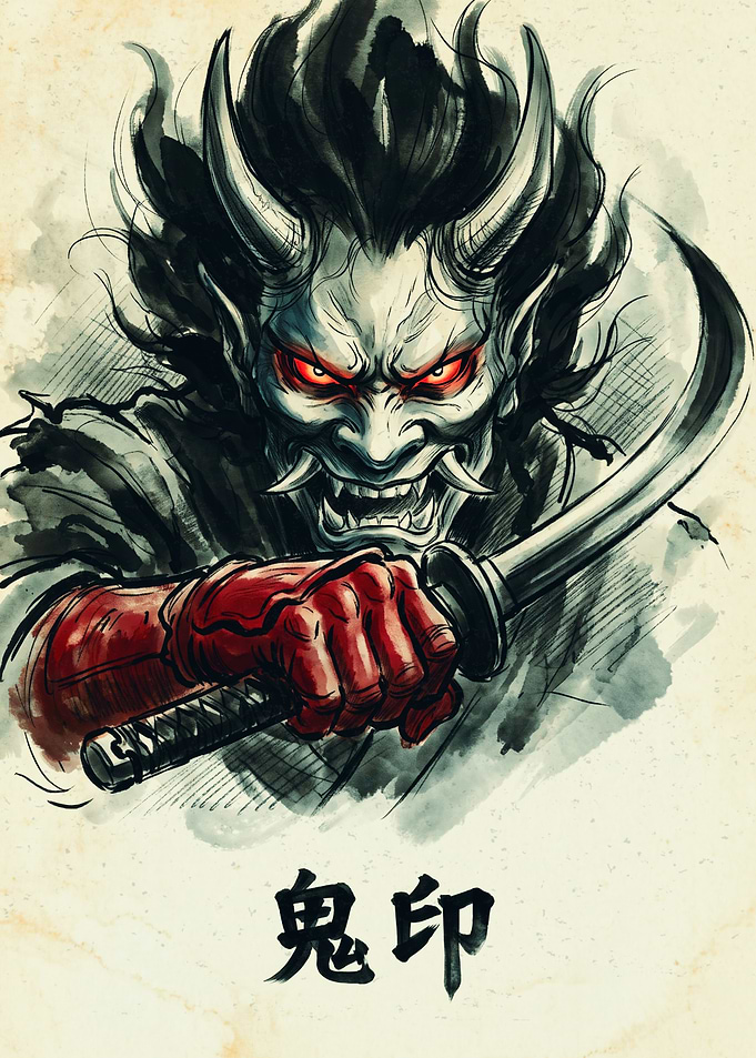 Japanese Oni Demon Samurai Drawing Ink Wash Art Poster