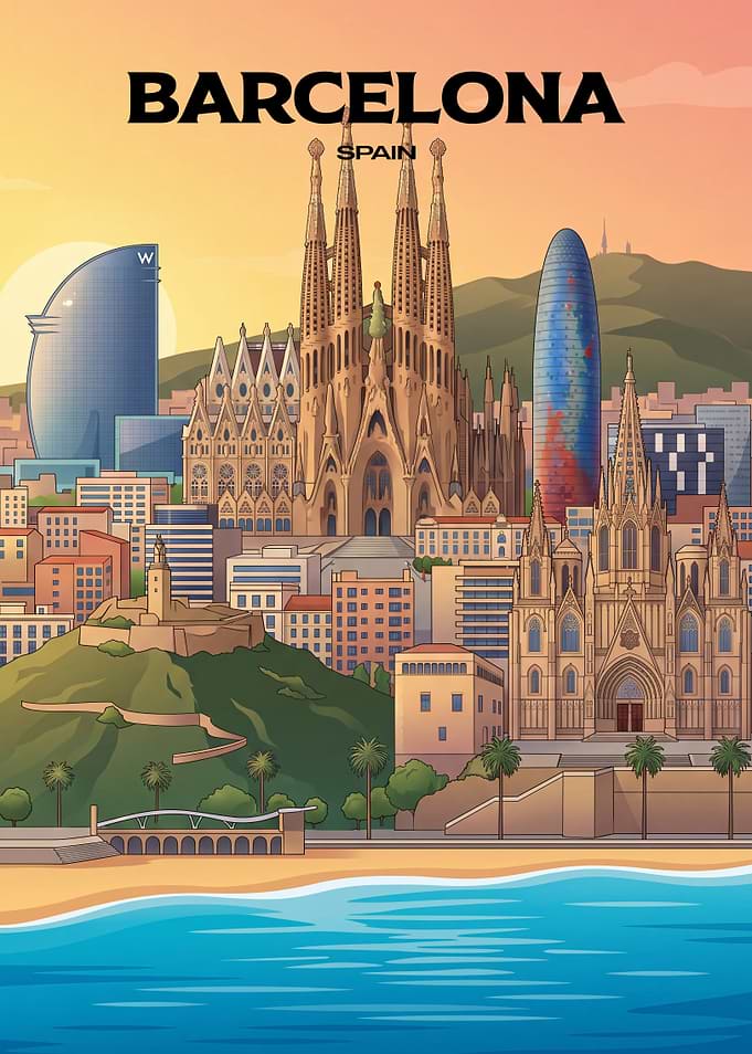 Barcelona Spain Travel Poster Illustration