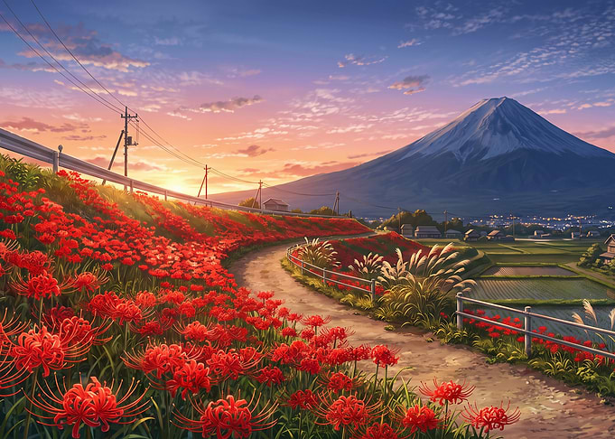 Mount Fuji with Red Spider Lilies
