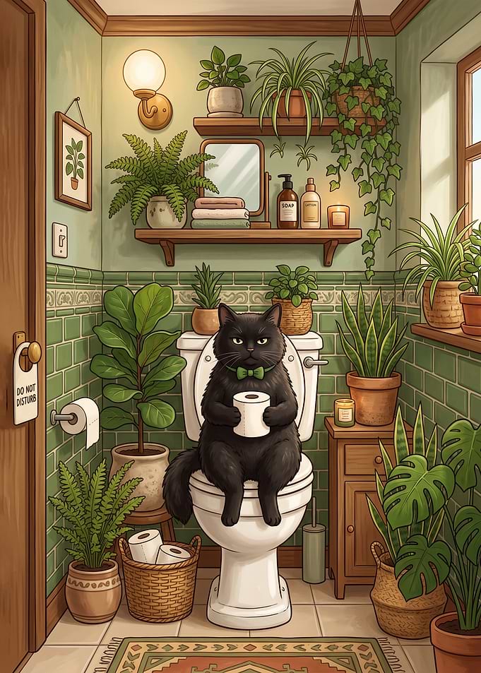 Black Cat Sitting on Toilet with paper