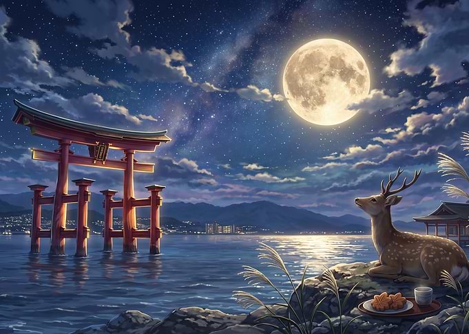 Deer at Itsukushima Shrine Under Moon