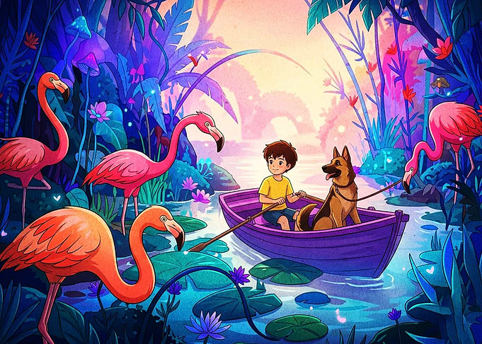 Boy and Dog Boating with Flamingos