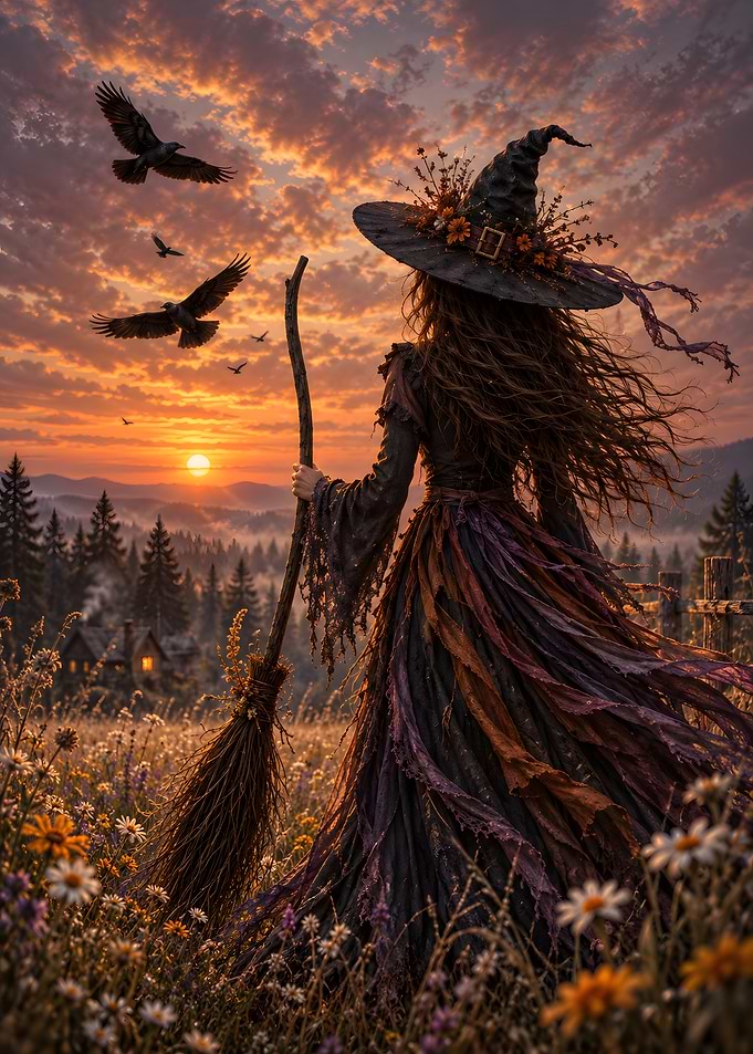 Witch Standing in Meadow at Sunset