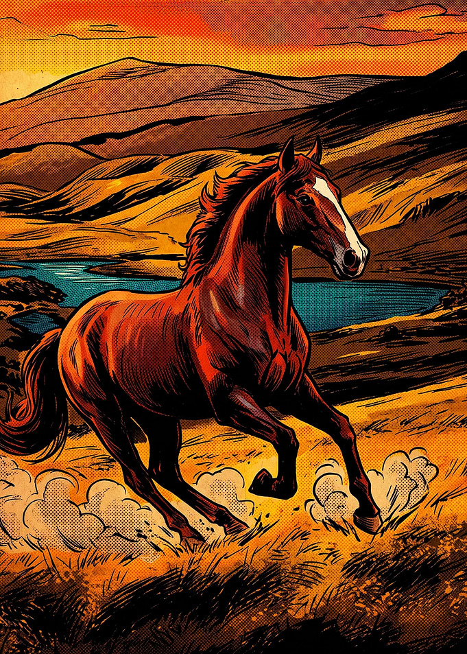 Horse Sunset Retro Comic Art