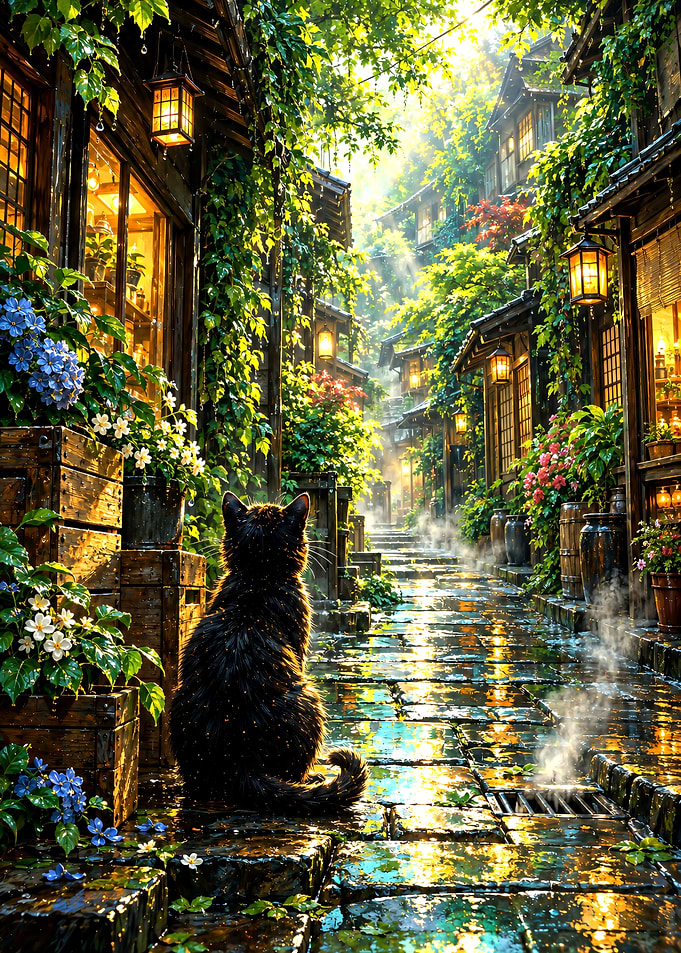 Black Cat in Rainy Japanese Alley