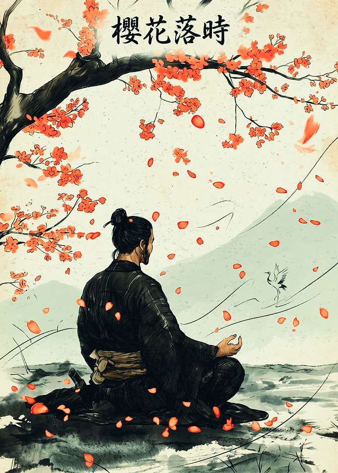 Samurai Meditating Under Cherry Blossoms Japanese Art Asian Culture Print