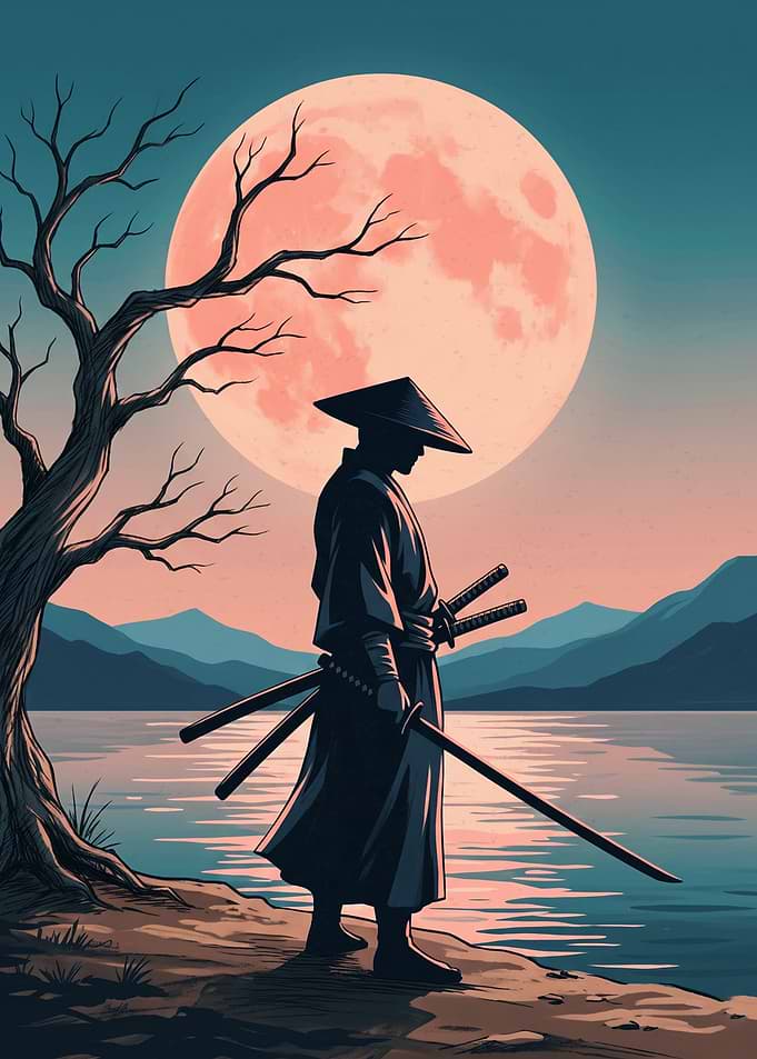 Samurai Warrior Red Moon Japanese Landscape Vector Illustration Minimalist Art