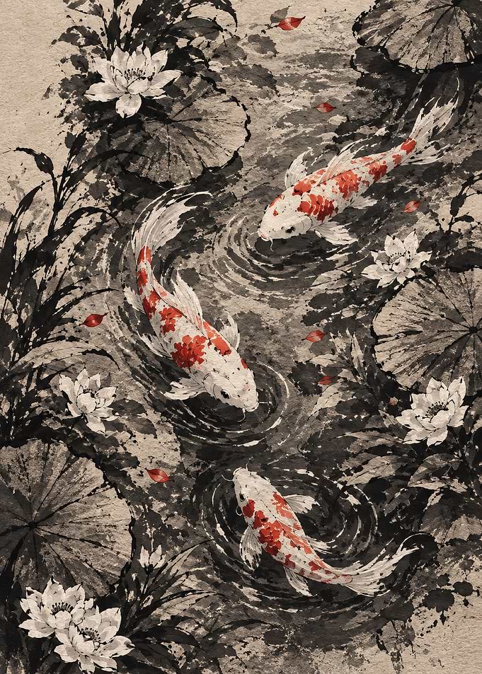 Koi Fish and Lotus Pond Painting