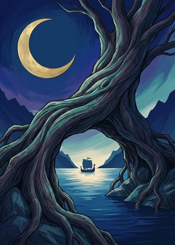 Viking Ship Under Ancient Tree And Crescent Moon Fantasy Art