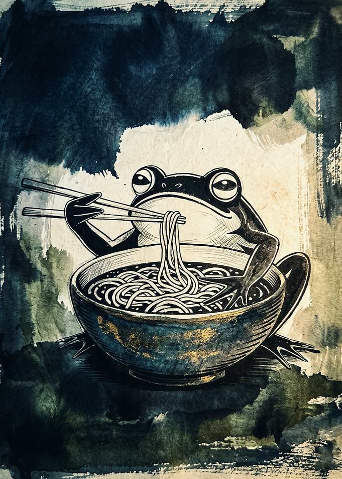 Frog Eating Noodles Ramen Animal Foodie Japanese Woodblock Art Print