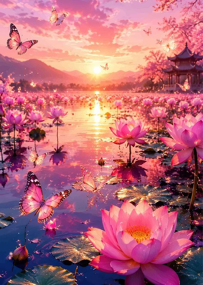 Pink Lotus Pond at Sunset