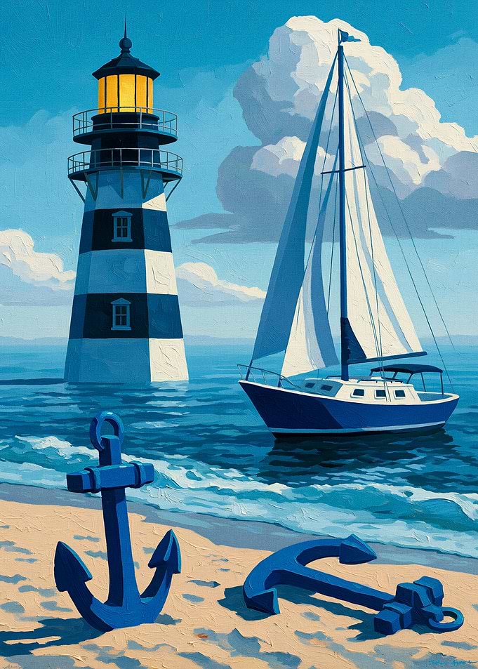Nautical Lighthouse and Sailboat Scene