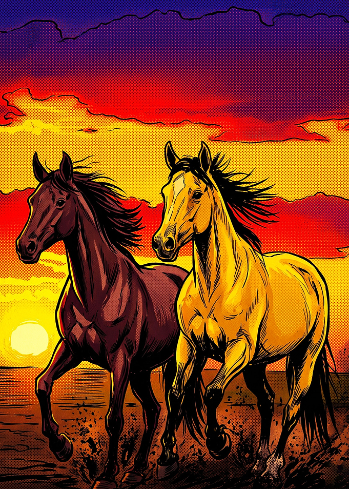 Horse Sunset Retro Comic Art