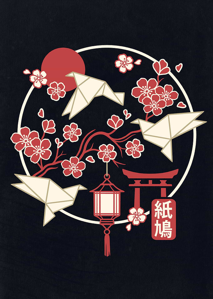 Japanese Origami Birds and Cherry Blossoms