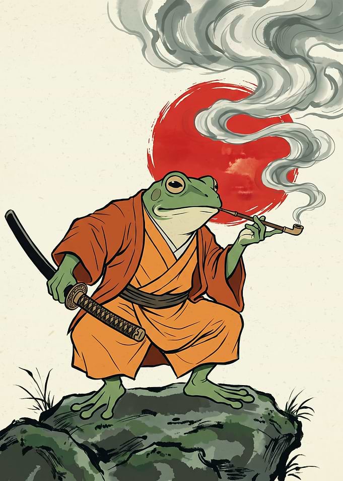 Samurai Frog With Katana And Smoking Pipe Japanese Ukiyo E Art Style