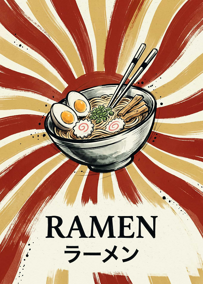 Ramen Bowl Japanese Food Vintage Retro Sunburst Art Print Kitchen Restaurant Wall Poster