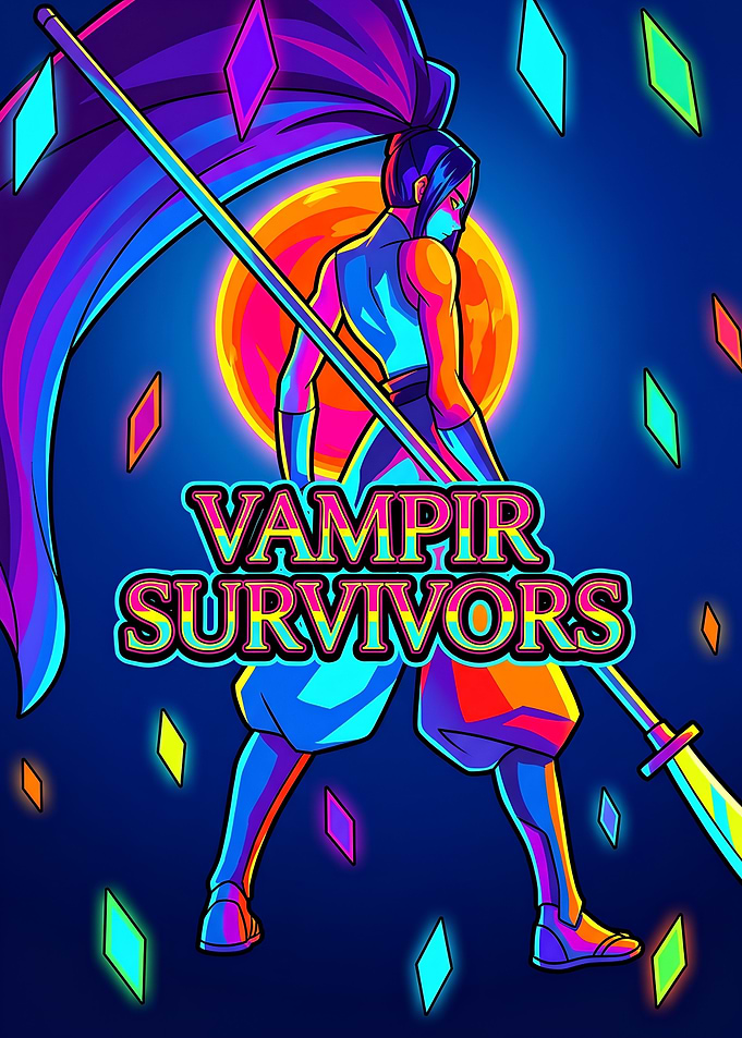 Vampire Survivors Neon Warrior Poster