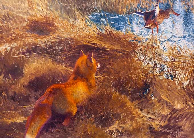 Fox Hunting a Duck Painting by Bruno Liljefors
