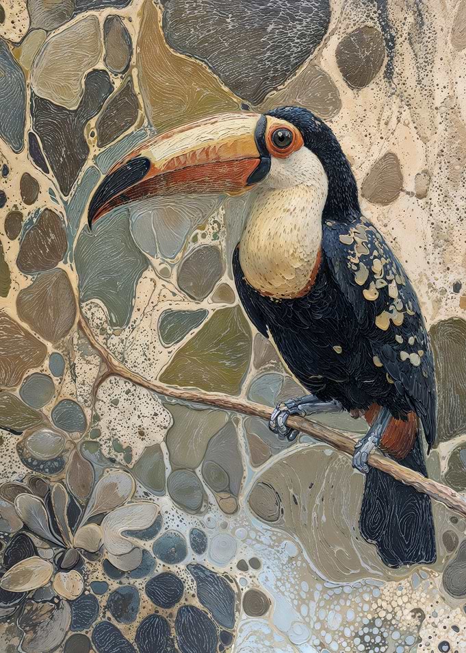 Textured Toucan Perched Against Abstract Stone Mosaic
