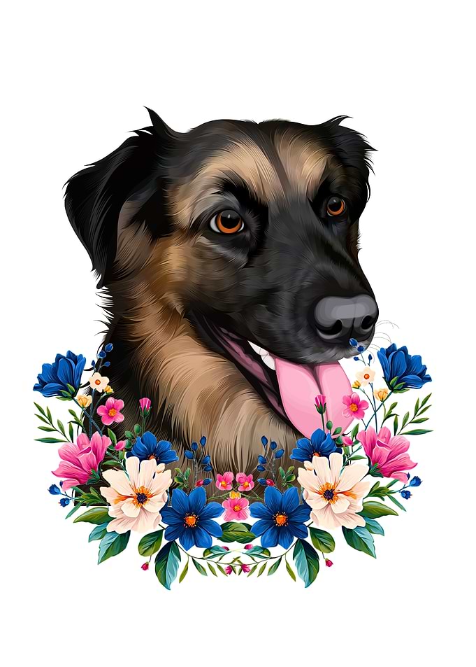 German Shepherd Portrait with Floral Wreath
