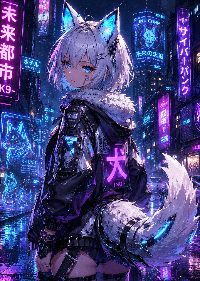 Cyberpunk Wolf Girl in Neon City