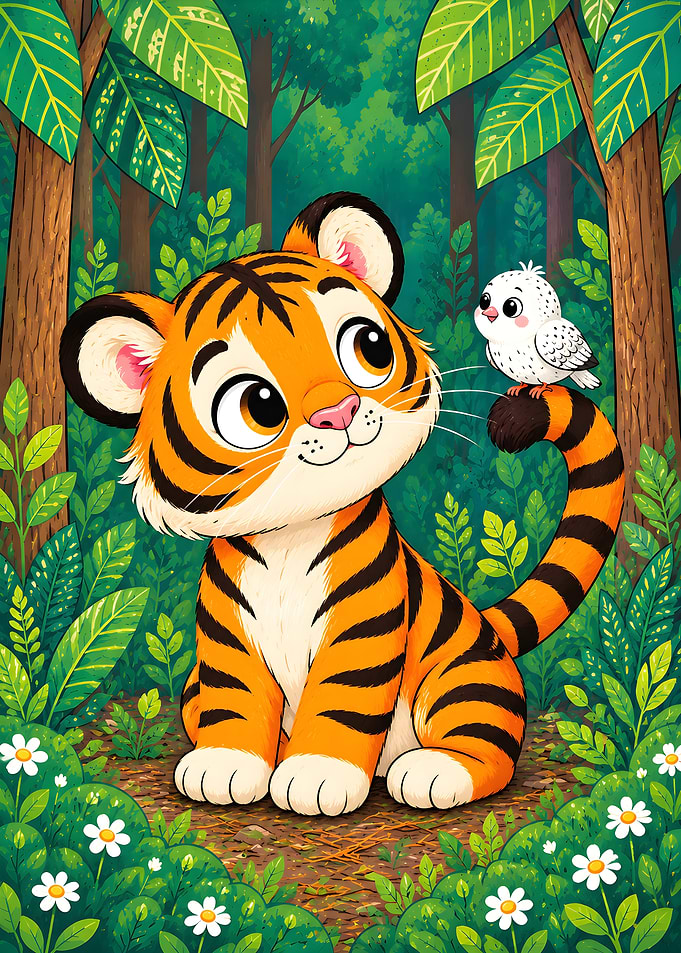 Cute Tiger Cub and Bird Friend