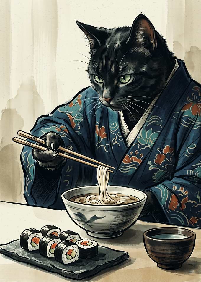 Black Cat Eating Ramen Ukiyo E Art Japanese Kimono Sushi Noodles Cute Poster