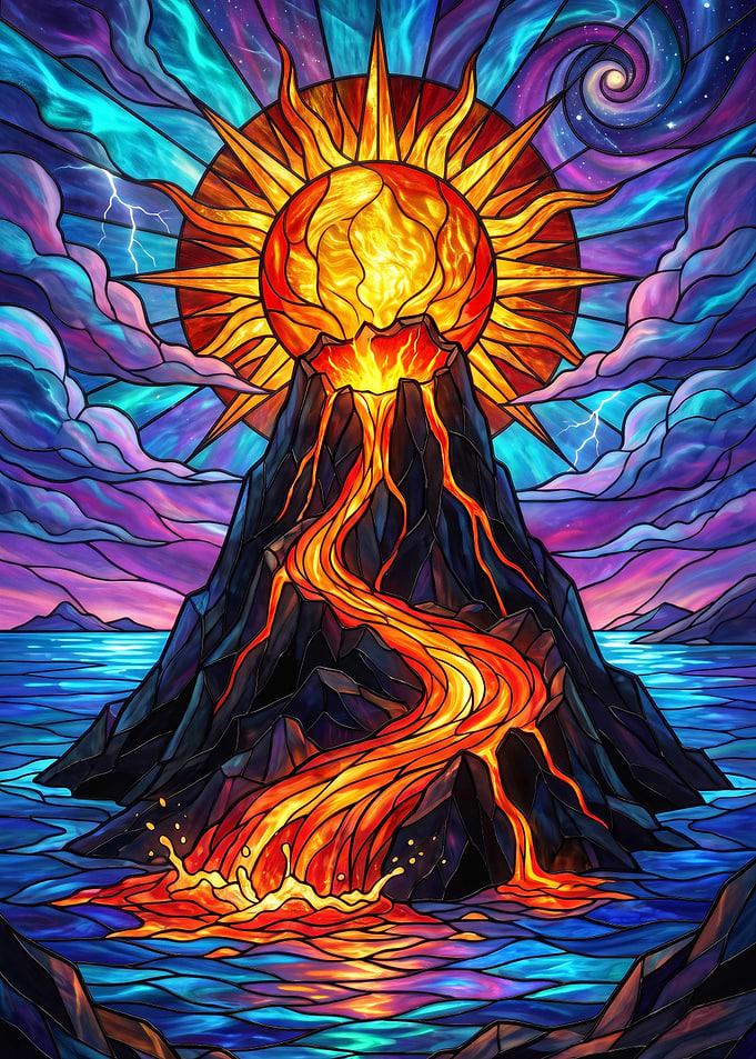 Stained Glass Erupting Volcano Art