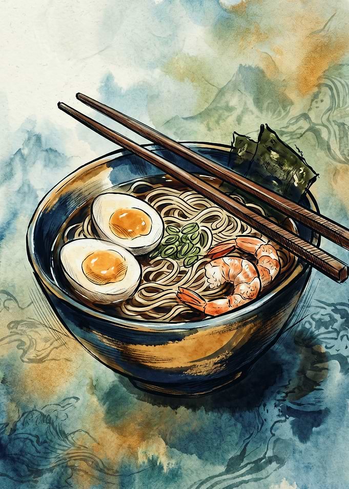 Shrimp Ramen Bowl Japanese Food Watercolor Painting Print