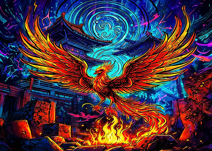 Fiery Phoenix Rising Over Temple