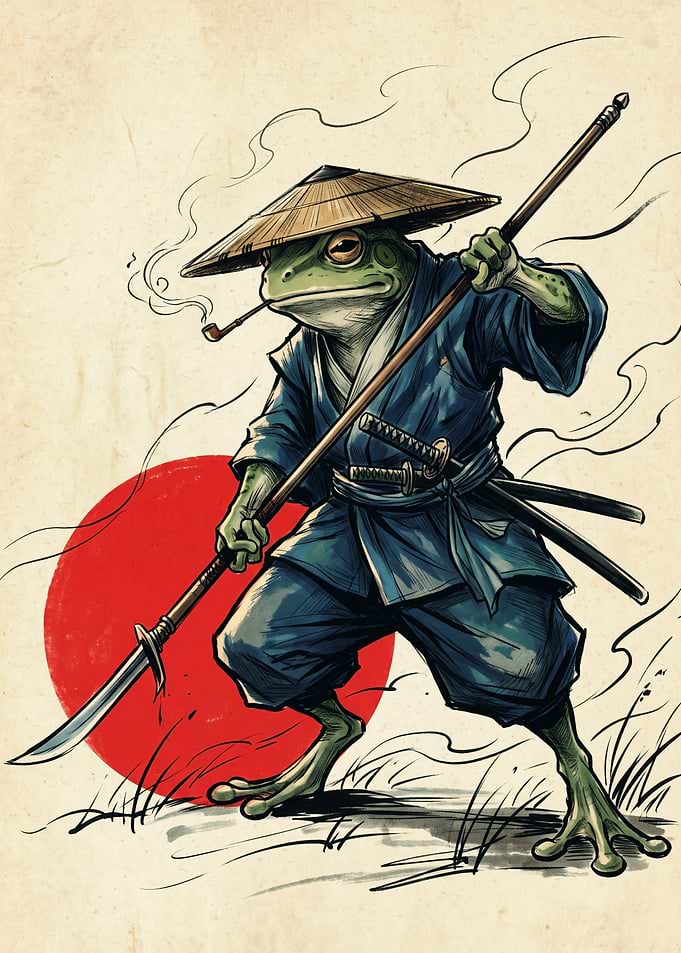 Samurai Frog Japanese Ukiyo E Art Print Red Sun Ronin Warrior Poster Design