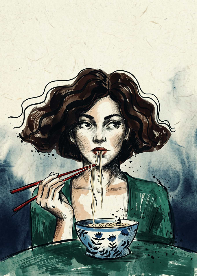Woman Eating Noodles Food Art Sketch Illustration