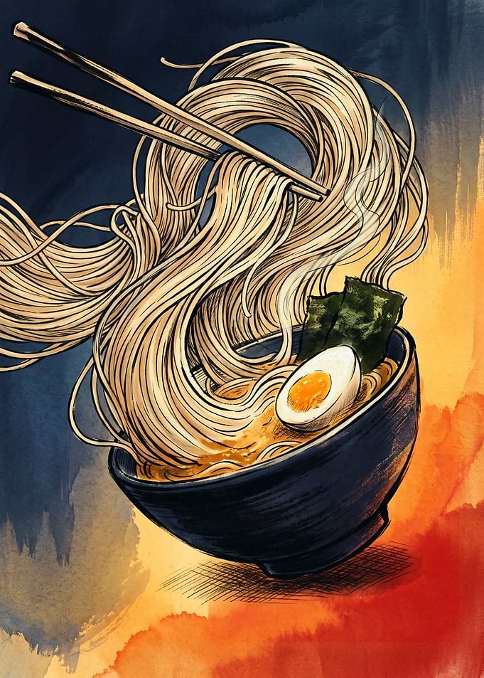 Ramen Noodle Bowl Japanese Ink Watercolor Art Chopsticks Egg Food Lover Wall Poster