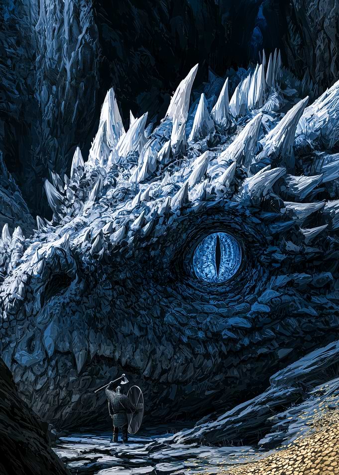 Warrior Facing a Giant Ice Dragon